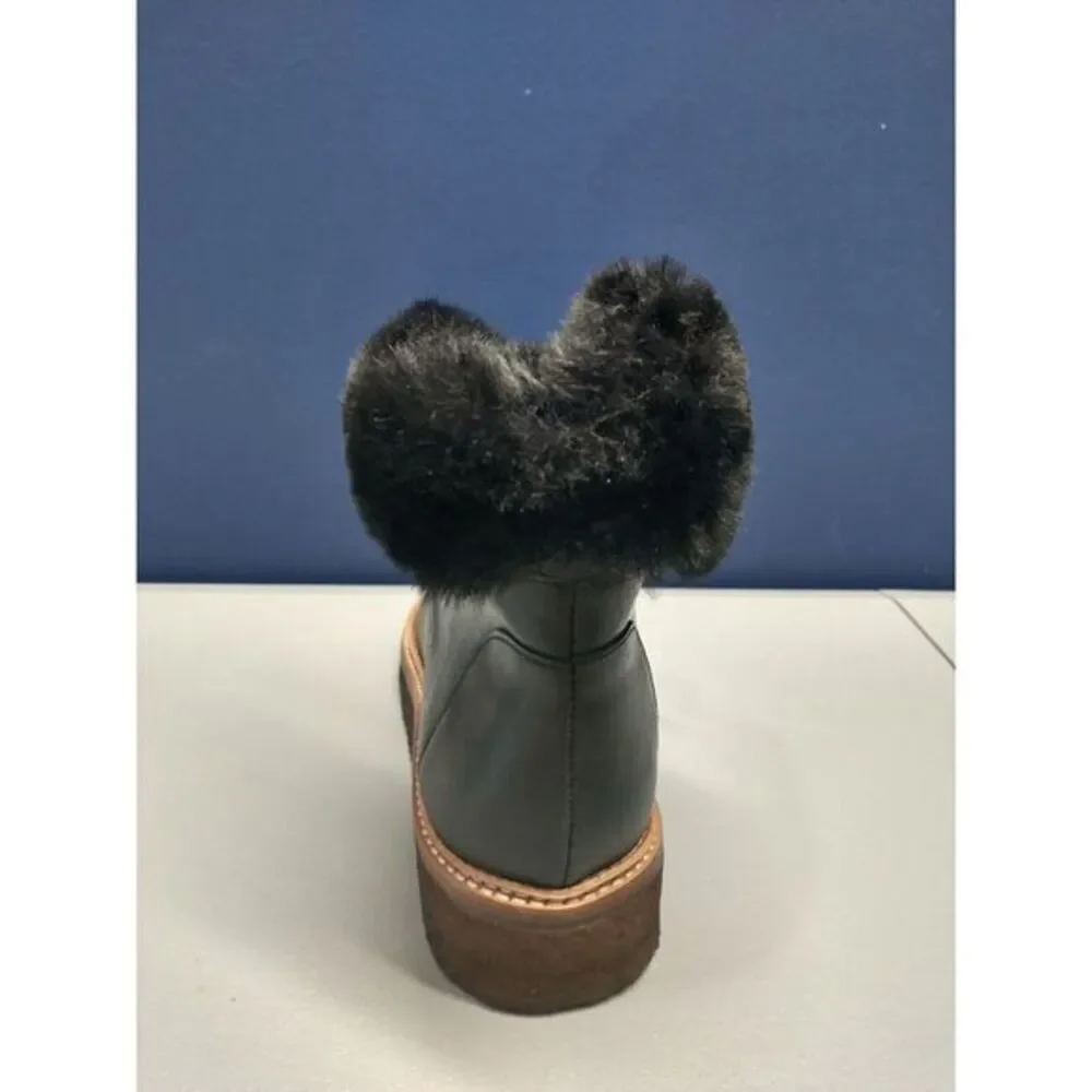 Botkier Mocha Winter Boots Women Size 7.5 Black Genuine Leather Fur Trim Lace Up